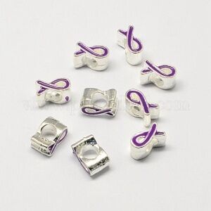 Brand New Pack of 50 Awareness Purple Ribbon Large Hole Beads, Silver Plated